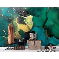 Smaragd Grün Blau Gold Dunkel Abstrakte Tapete Moderne Wand Dekor Fluid Art Fototapete Marmor Textur Große Wandbilder Vinyl von DecorationBoutiqShop