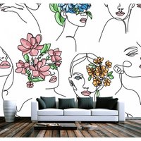 Surreal One Line Abstrakte Weibliche Gesichter Mit Blumen Tapete Moderne Wand Dekor Beauty Studio Fototapete Vinyl Große Wandbilder von DecorationBoutiqShop