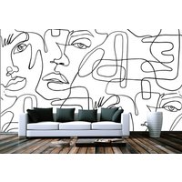 Surreal One Line Abstrakte Weibliche Gesichter Tapete Moderne Wand Dekor Schwarz Weiß Vinyl Fototapete Große Wandbilder Premium Qualität von DecorationBoutiqShop