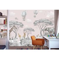 Tiere Im Tropenwald Wallpaper Kinderzimmer Tapete Design Rosa Flamingo_Giraffe_Elephant Kinderwandbild Luftballons Tiere Im Tropenwald Wallpaper Kinderzimmer Tapete Design Rosa Flamingo_Giraffe_Elephant Kinderwandbild Luftballons von DecorationBoutiqShop