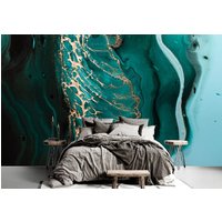 Türkis Fluid Art Tapete Moderne Wanddekoration Marmor Effekt Grün Gold Große Wand Wandbilder Traditionelle Vinyl Fototapete von DecorationBoutiqShop