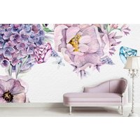 Wunderschöne Lila Aquarell Hortensie Pfingstrosen Große Blumen Vinyl Fototapete Moderne Wanddekoration Kinderzimmer Floral Wandbilder Premium von DecorationBoutiqShop