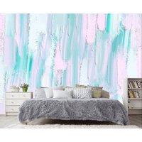 Wunderschöne Rosa Blau Mint Tapete Abstrakte Malerei Öl Acryl Moderne Wand Dekor Vinyl Fototapete Pastellfarben Große Wandbilder von DecorationBoutiqShop