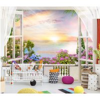 Wunderschöner Blick Vom Fenster Meer Und Blühenden Garten Hortensien Vinyl Fototapete Kinderzimmer Dekor Große Wand Wandbilder Funkeln von DecorationBoutiqShop