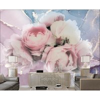 Zart Rosa Pfingstrose Knospen Tapete Abstrakter Hintergrund Fluid Art Moderne Wand Dekor Lavendel Blau Gold Fototapete Marmor Große Wandbilder von DecorationBoutiqShop