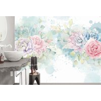 Zarte Aquarell Blumen Blau Rosa Tapete Moderne Wand Dekor Kinderzimmer Wandkunst Floral Vinyl Fototapete Große Wandbilder von DecorationBoutiqShop