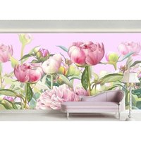 Zarte Rosa Blumen Pfingstrosen Tapete Moderne Wand Dekor Floral Vinyl Foto Große Wandbilder von DecorationBoutiqShop