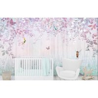 Zauberhafte Nebelwald Lila Wiese Blumen Feen Kinderzimmer Tapete Baby Mädchen Wanddeko Hängende Blätter Pastel Fototapete Große Wandbilder von DecorationBoutiqShop