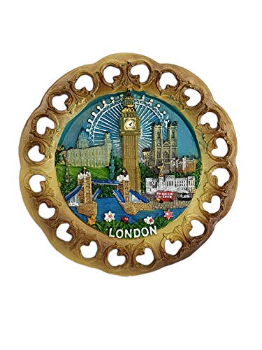 Dekorativer Teller mit Londoner Skyline, Holzoptik, Big Ben, Tower Bridge und London Eye etc., kleiner Ausschnitt von Decorative Plates