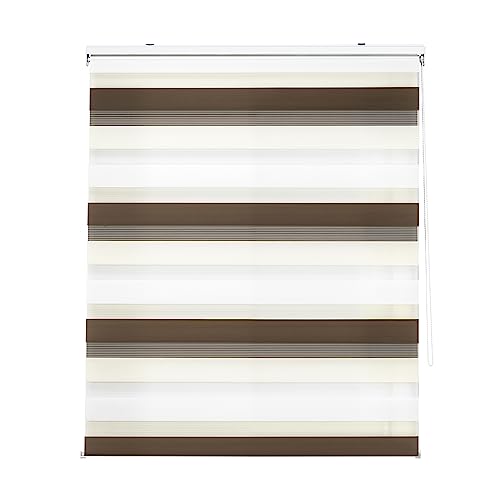 Decorblind Doppellagiges Rollo für Nacht und Tag, Montage an Wand oder Decke, Maße: Breite 100 x Länge 180 cm, Maße Stoff: 97 x 175 cm, dreifarbig, Braun, Creme-Weiß, Fensterrollo von Decorblind