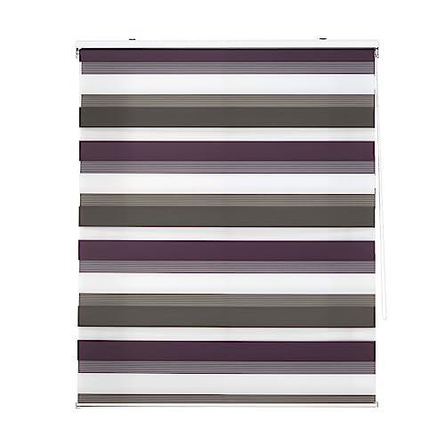 Decorblind Doppellagiges Rollo für Nacht und Tag, Montage an Wand oder Decke, Maße: Breite 140 x Länge 180 cm, Maße Stoff: 137 x 175 cm, dreifarbig, Braun, Violett, Weiß, Fensterrollo von Decorblind