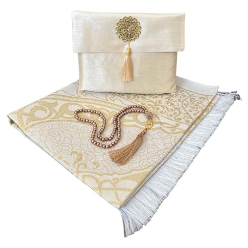 Muslimischer Gebetsteppich und Perlen mit elegantem Slub Stoffbeutel,Janamaz,Sajadah,Weicher islamischer Gebetsteppich,Islamische & Mawlid Geschenke,Gebetsteppich Matte Taftstoff (Gold, 1 Sets) von Decoret