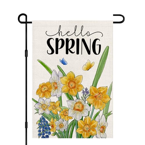 Hello Spring DF458 Gartenflagge, doppelseitig, Jute, saisonale Narzissen, Blumenschild, kleine Flaggen, Hof, Outdoor-Dekoration, 30,5 x 45,7 cm von Decorhua