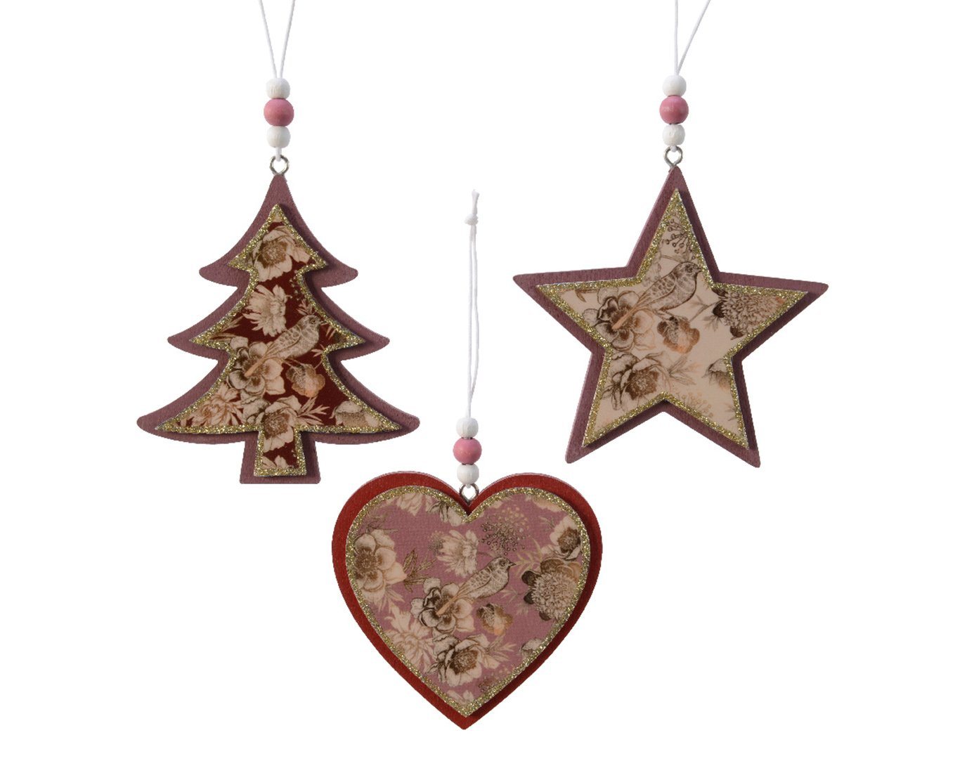 Decoris season decorations Christbaumschmuck, Christbaumschmuck Stern / Herz / Baum 10cm Holz 3er Set altrosa von Decoris season decorations