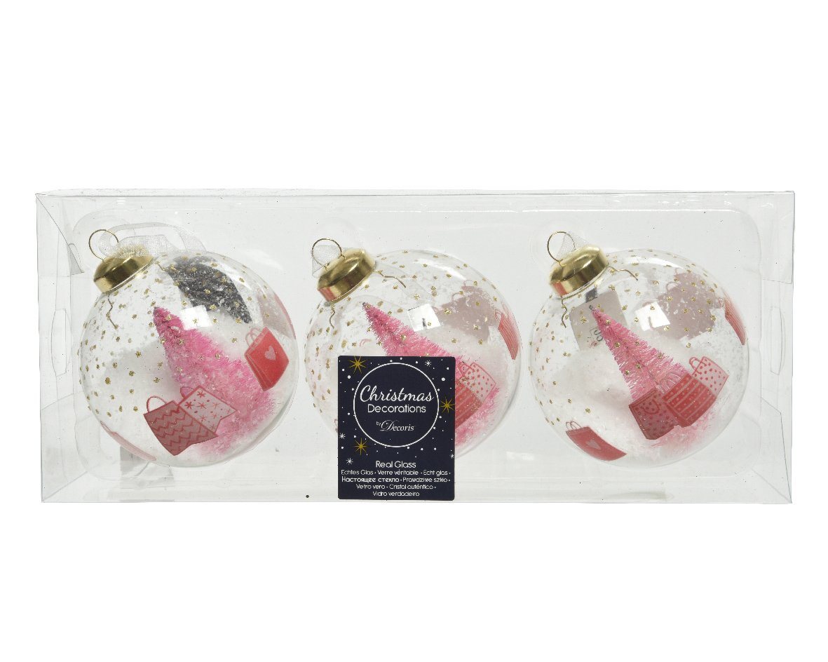 Decoris season decorations Weihnachtsbaumkugel, Weihnachtskugeln Glas 8cm Tannenbaum und Geschenke 3er Set klar / rosa von Decoris season decorations