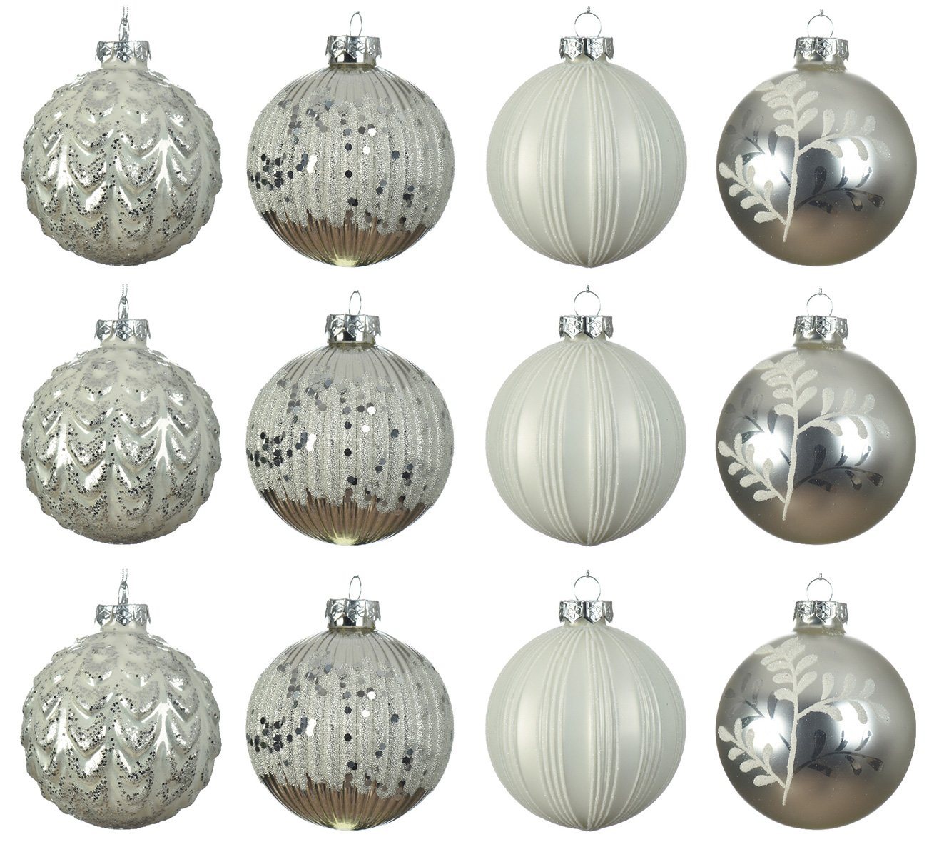 Decoris season decorations Weihnachtsbaumkugel, Weihnachtskugeln Glas 8cm mit Muster / Streifen 12er Set silber / weiß von Decoris season decorations