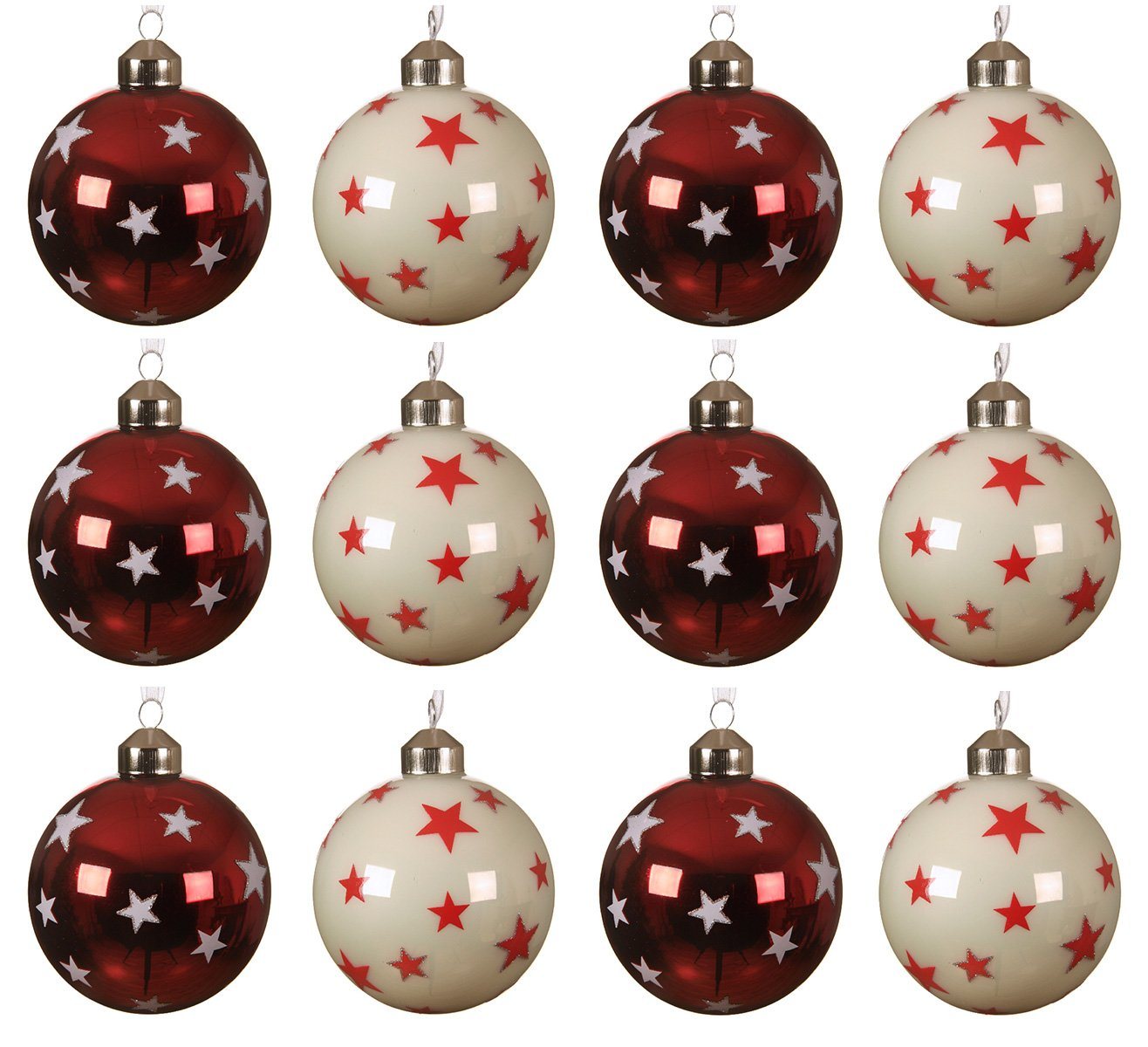 Decoris season decorations Weihnachtsbaumkugel, Weihnachtskugeln Glas 8cm mit Sternen Muster 12er Set rot / weiß von Decoris season decorations