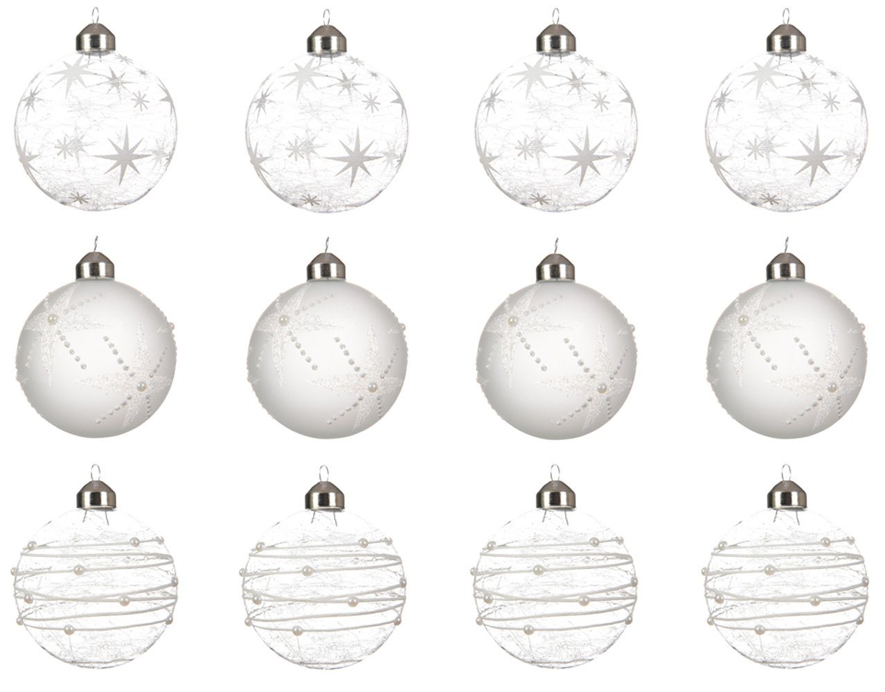 Decoris season decorations Weihnachtsbaumkugel, Weihnachtskugeln Glas Sterne Streifen 8cm weiß transparent, 12er Set von Decoris season decorations