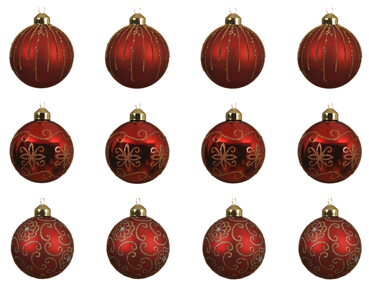 Decoris season decorations Weihnachtsbaumkugel, Weihnachtskugeln Glas mit Glitzer Muster 8cm weihnachtsrot, 12er Set von Decoris season decorations