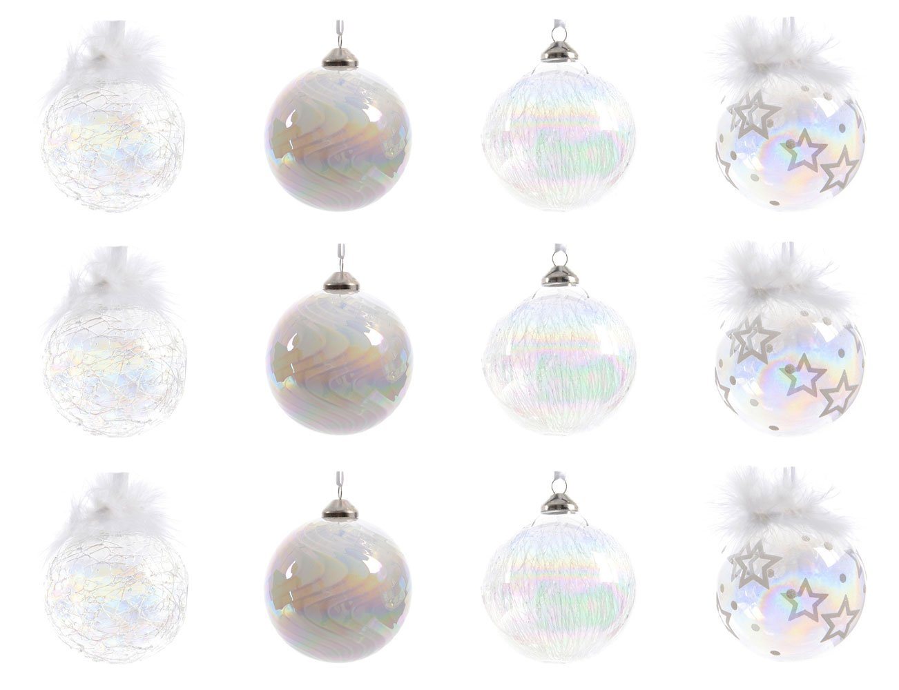 Decoris season decorations Weihnachtsbaumkugel, Weihnachtskugeln Glas mit Motiv 8cm klar / weiß / irisierend, 12er Set von Decoris season decorations
