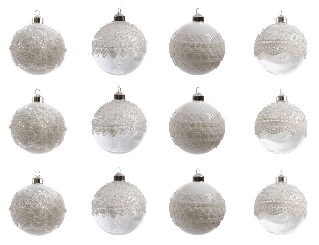 Decoris season decorations Weihnachtsbaumkugel, Weihnachtskugeln Glas mit Spitze und Federn 8cm klar / weiß, 12er Set von Decoris season decorations