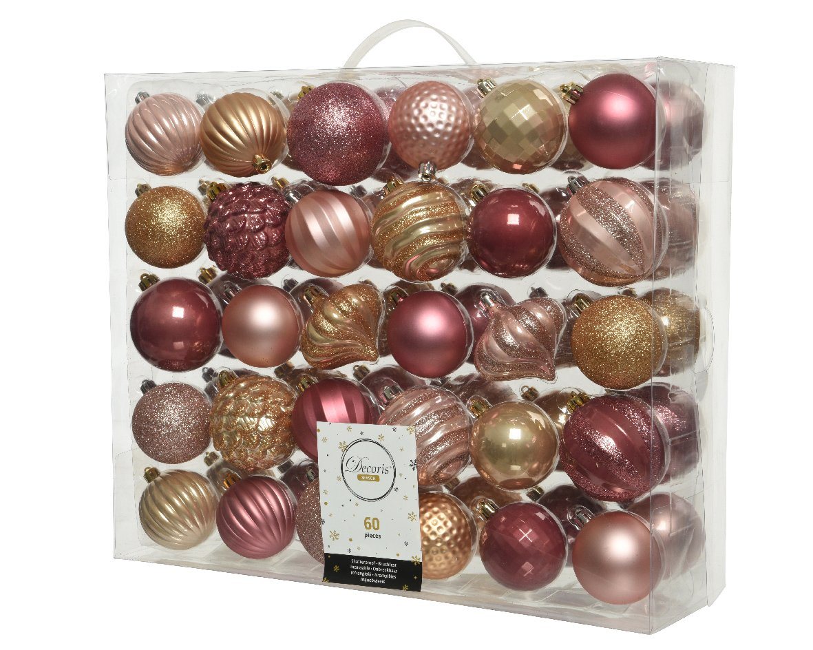 Decoris season decorations Weihnachtsbaumkugel, Weihnachtskugeln Kunststoff 6-7cm Ornamente 60er Set - Rosa Beige von Decoris season decorations