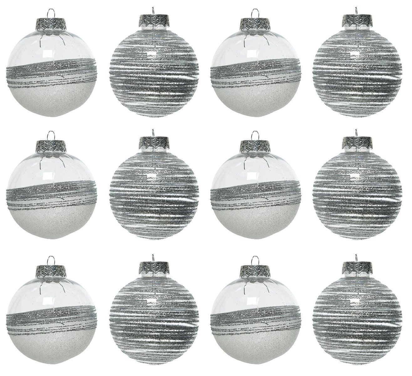 Decoris season decorations Weihnachtsbaumkugel, Weihnachtskugeln Kunststoff 8cm Streifen 12er Set - Silber transparent von Decoris season decorations