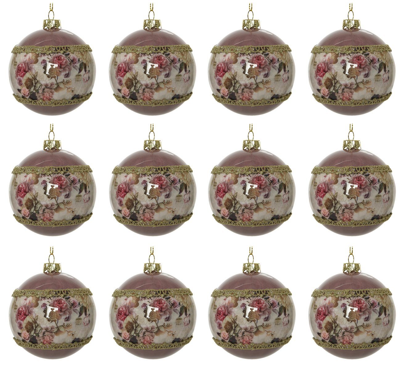 Decoris season decorations Weihnachtsbaumkugel, Weihnachtskugeln Kunststoff 8cm Vintage Blumen 12er Set - Altrosa von Decoris season decorations