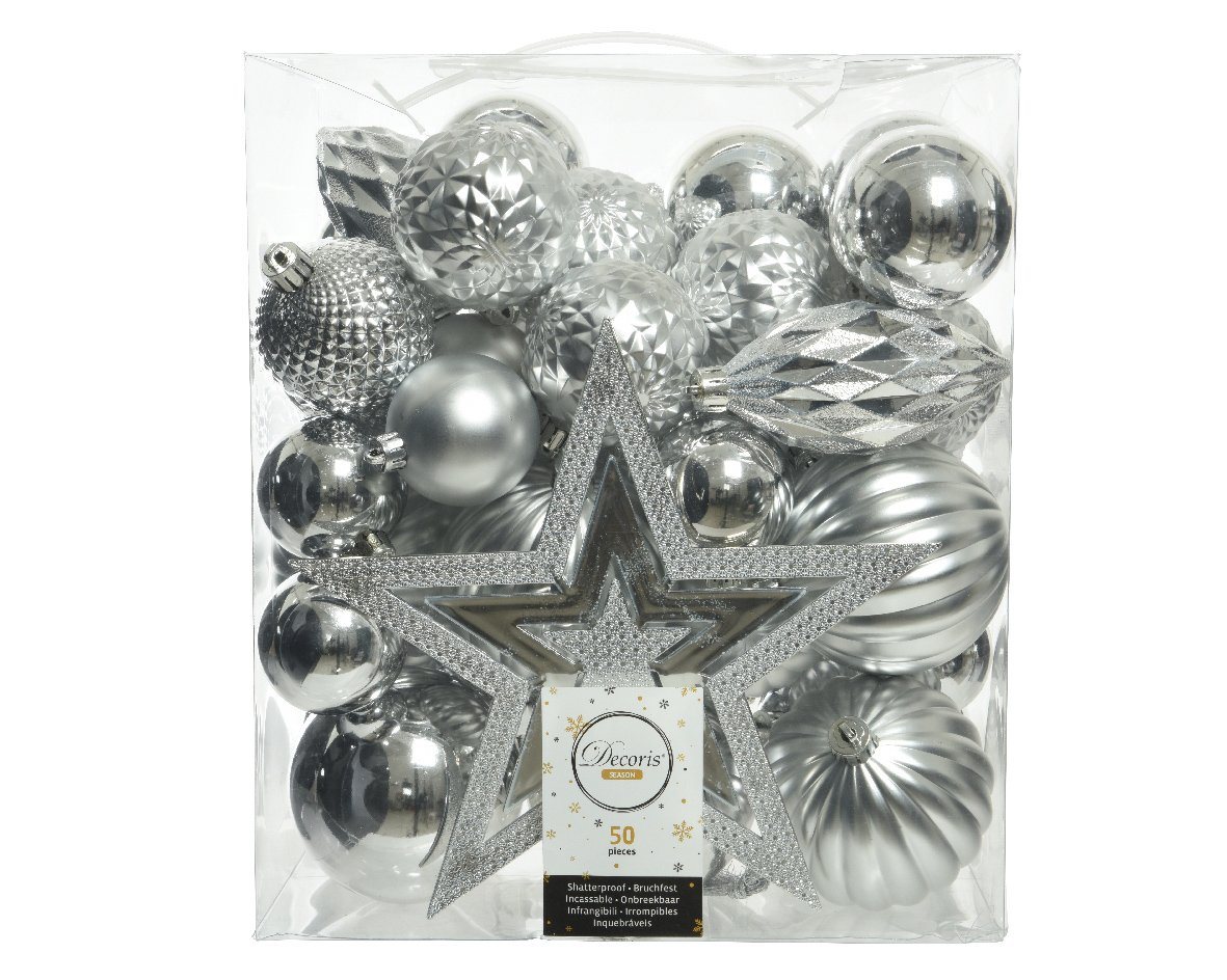 Kaemingk Weihnachtsbaumkugel, Weihnachtskugeln Kunststoff mit Christbaumstern 50er Set - Silber von Kaemingk