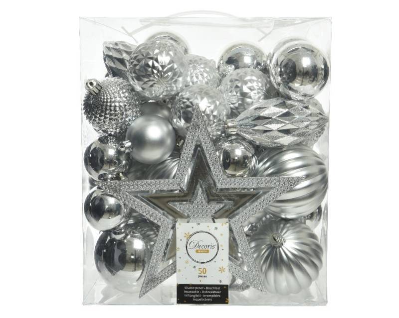 Kaemingk Weihnachtsbaumkugel, Weihnachtskugeln Kunststoff mit Christbaumstern 50er Set - Silber von Kaemingk