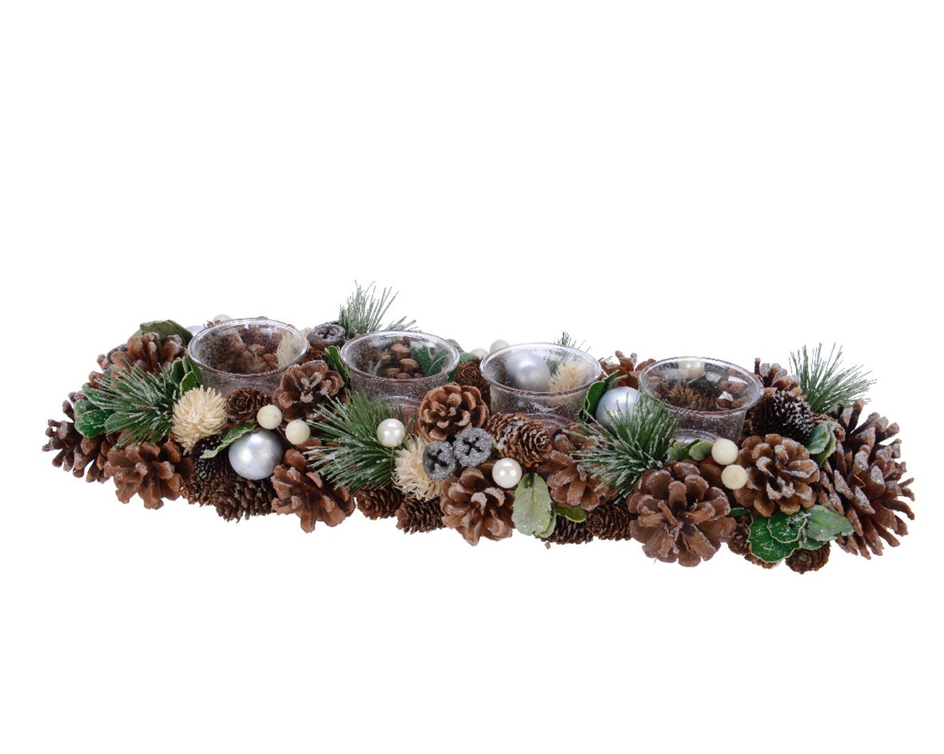 Decoris season decorations Teelichthalter, Adventsgesteck aus Zapfen länglich mit Teelichter 45cm braun / grün von Decoris season decorations