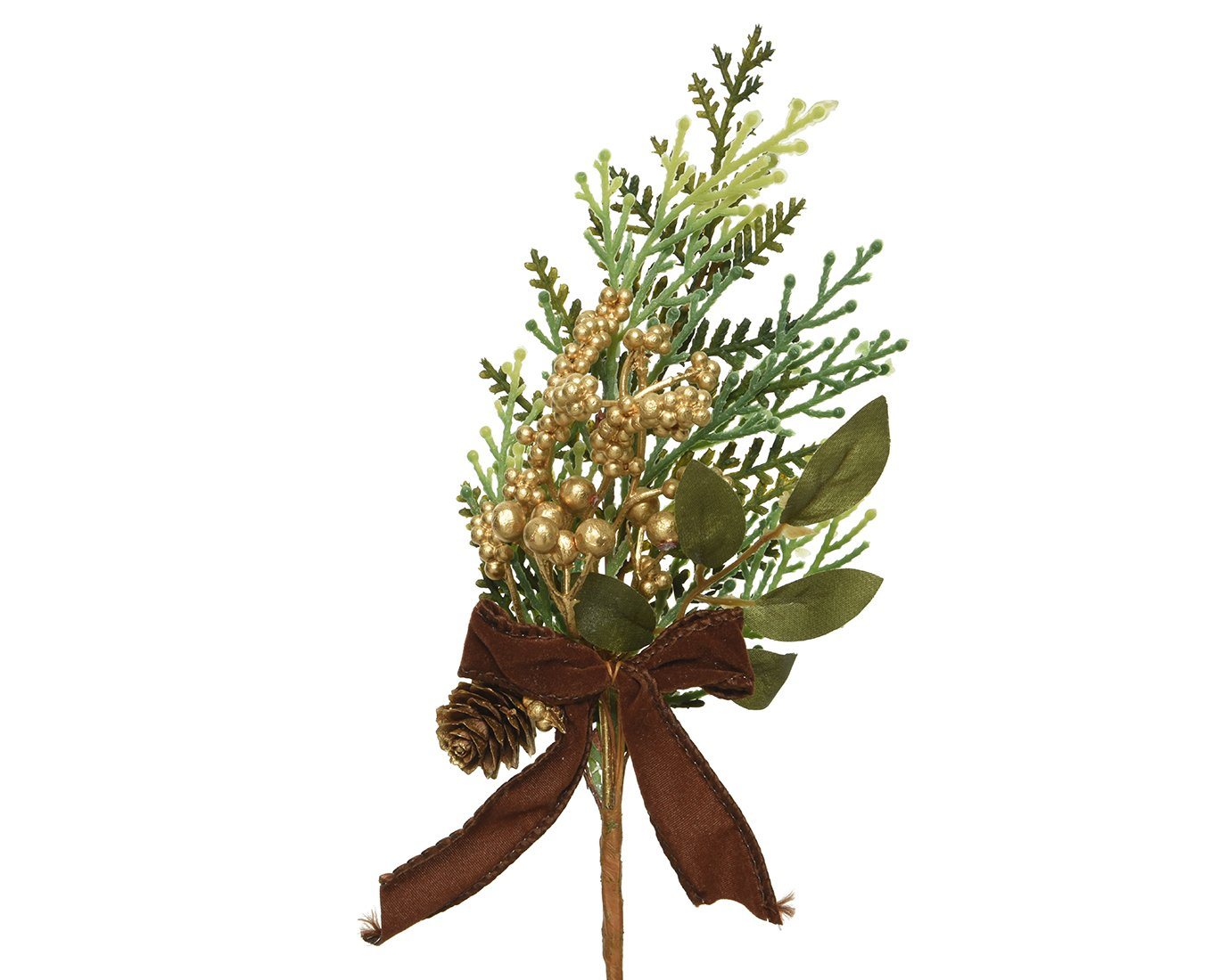 Kunstblume, Decoris season decorations, Tannenzweig künstlich 25cm mit goldenen Beeren und Samtschleife von Decoris season decorations