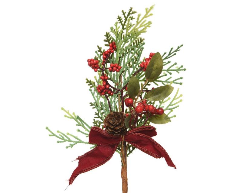 Kunstblume, Decoris season decorations, Tannenzweig künstlich 25cm mit roten Beeren und Samtschleife von Decoris season decorations