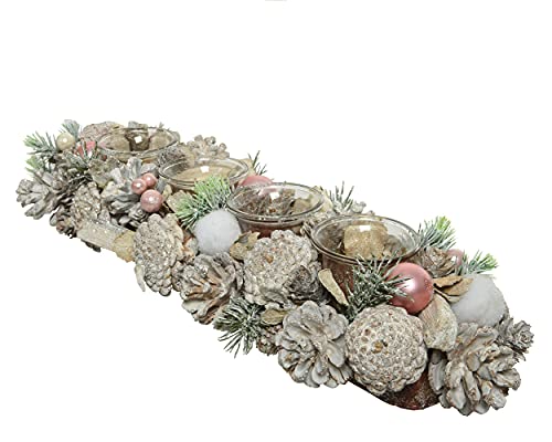 Adventsgesteck 46cm mit Teelichter Glas mit Schnee Kerzenhalter Adventskranz länglich weiß rosa von Decoris