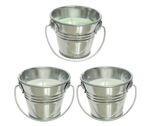 Citronella Kerze 6cm 3er Set im Metalleimer mit Henkel - Outdoor Duftkerze für Garten Balkon Camping Draußen - kleine Gartenkerze aus Wachs mit Citronellaöl - Eimerkerze Silber Citronella Kerze 6cm 3er Set im Metalleimer mit Henkel - Outdoor Duftkerze für Garten Balkon Camping Draußen - kleine Gartenkerze aus Wachs mit Citronellaöl - Eimerkerze Silber von Decoris