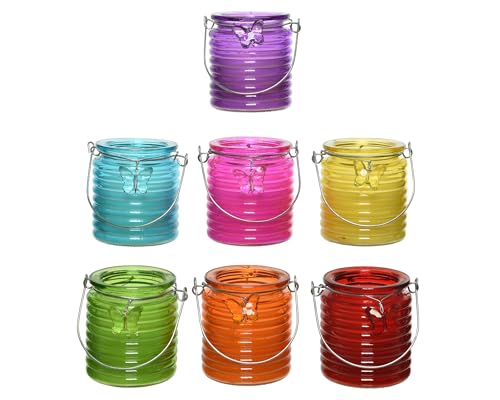 Citronella Kerze 9cm im Glas 1 Stück bunt Sortiert - Outdoor Duftkerze für Garten Balkon Camping Draußen - Gartenkerze aus Wachs mit Citronellaöl - Glaskerze mit Schmetterling Deko von Decoris