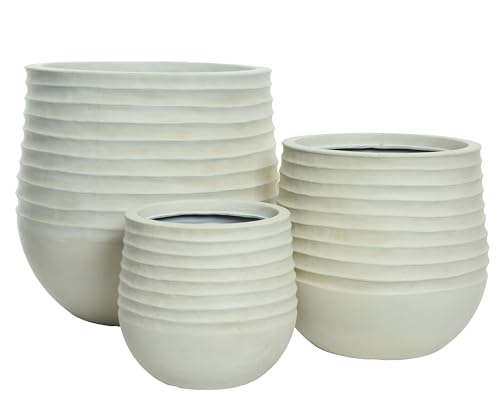 Decoris Blumentopf Outdoor mit Rillen 28-49cm 3er Set - Kunststoff Pflanzenkübel Pflanzkübel außen Creme Weiß - Blumenkübel Übertopf - Pflanzgefäße für draußen - Garten Deko Pflanzentopf Pflanztopf von Decoris
