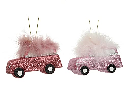Decoris Christbaumschmuck Kunststoff 10cm x 1 Stück Sortiert Glitzer Auto mit Federn bruchsicher rosa von Decoris