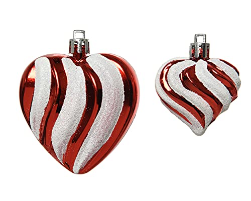 Decoris Christbaumschmuck Kunststoff Herzen mit Streifen 5-7 cm x 2 Stück geriffelt rot weiß von Decoris