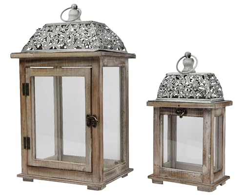 Decoris Laternen mit Henkel 23x41cm / 16x29cm Holz Glas Metall 2er Set - zum Aufhängen oder Hinstellen - Windlicht Laternen - Deko Holzlaternen - Kerzenlaternen - Transparent Natur von Decoris