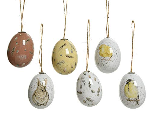 Decoris Ostereier zum Aufhängen 6cm x 6 Stück Kunststoff mit Tieren Federn und Eier Muster Hängedeko Osterdeko von Decoris