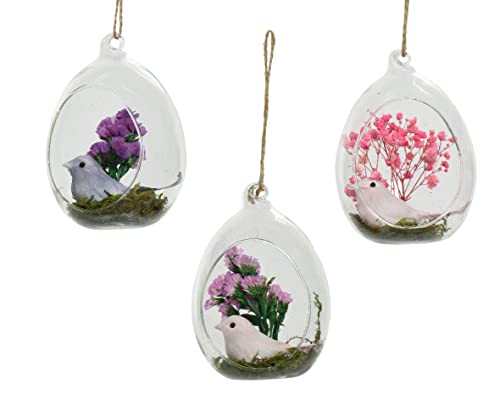 Decoris Glaskugel zum Aufhängen mit Vogel und Trockenblumen gefüllt 10,5cm x 1 Stück Sortiert - mit Öffnung von Decoris