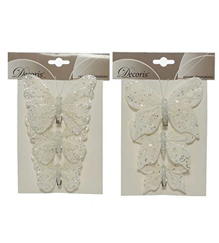 Decoris Schmetterlinge mit Glitzer auf Clip 8cm x 3 Stück Set Hochzeit Christbaumschmuck Taufe weiß von Decoris
