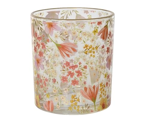 Decoris Teelichthalter Glas 9cm - Teelichtglas mit Blumenmotiv - Glas für Teelichter - Kerzenhalter Windlicht - Kerzenglas Tischdeko Hochzeitsdeko Gartendeko Frühlingsdeko - Transparent von Decoris
