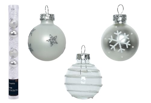 Decoris Weihnachtskugeln Glas 3cm x 9 Stück Sterne Schneeflocken Streifen Glitzer Muster Silber Mix von Decoris