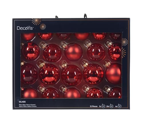 Decoris Weihnachtskugeln Glas 5-7cm 21er Set - matt & glänzend & transparent - Christbaumkugeln Weihnachtsbaumkugeln für Weihnachtsbaum - Kerstbal Glas d7 cm krd Ass 21st I kerst Weihnachtsrot von Decoris