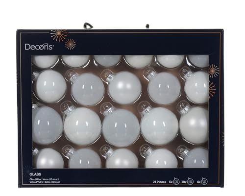 Decoris Weihnachtskugeln Glas 5-7cm 21er Set - matt & glänzend & transparent - Christbaumkugeln Weihnachtsbaumkugeln für Weihnachtsbaum - Kerstbal Glas d7 cm warm wit Ass 21st kerst Winterweiss von Decoris