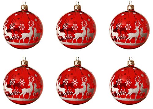 Decoris Weihnachtskugeln Glas 8cm x 6 Stück mit Motiv Rentiere mundgeblasen handbemalt transparent rot weiß von Decoris