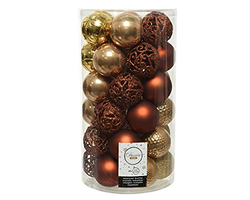 Decoris Weihnachtskugeln Kunststoff 6cm x 37er Ornamente Mix Set Christbaumkugeln bruchsicher braun Gold von Decoris