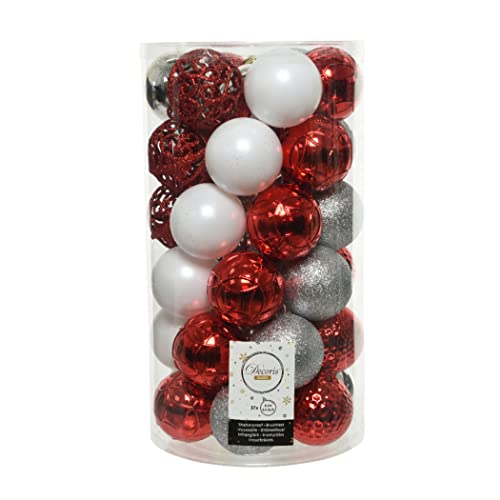 Decoris Weihnachtskugeln Kunststoff 6cm x 37er Ornamente Mix Set Christbaumkugeln bruchsicher rot weiß Silber von Decoris